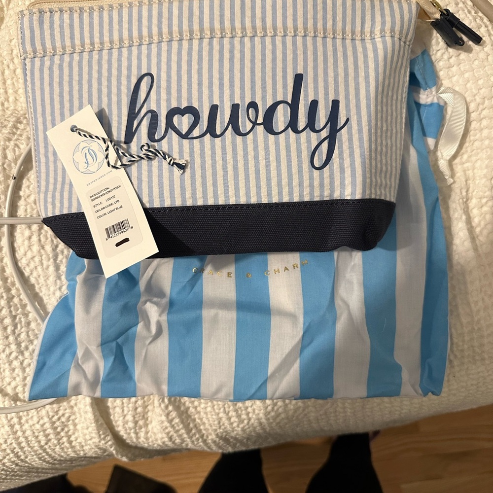 Draper James Blue and White Striped Makeup Bag